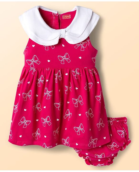 Babyhug Single Jersey Knit Sleeveless Bow Printed Fit & Flared Frock with Bloomer - Dark Pink