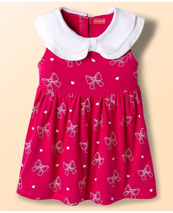Babyhug Single Jersey Knit Sleeveless Bow Printed Fit & Flared Frock with Bloomer - Dark Pink