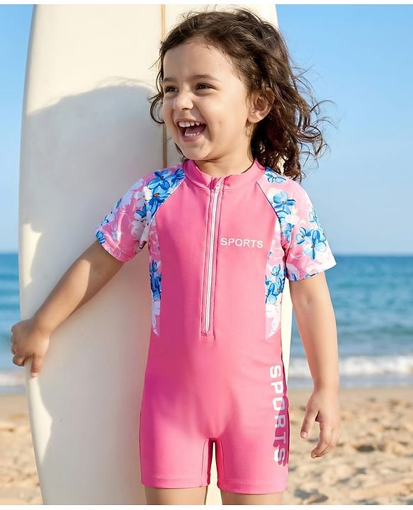 Babyhug Half Raglan Sleeves Legged Swimsuit With Floral Print - Pink