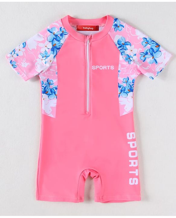 Babyhug Half Raglan Sleeves Legged Swimsuit With Floral Print - Pink