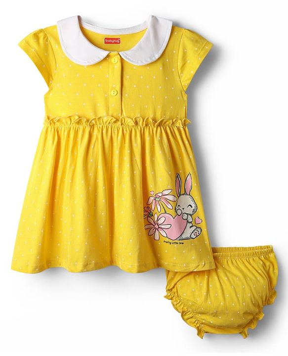 Babyhug Single Jersey Knit Half Sleeves Bunny Printed Frock With Bloomer - Yellow