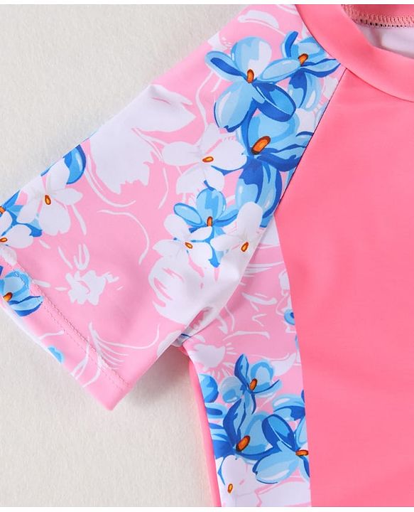 Babyhug Half Raglan Sleeves Legged Swimsuit With Floral Print - Pink