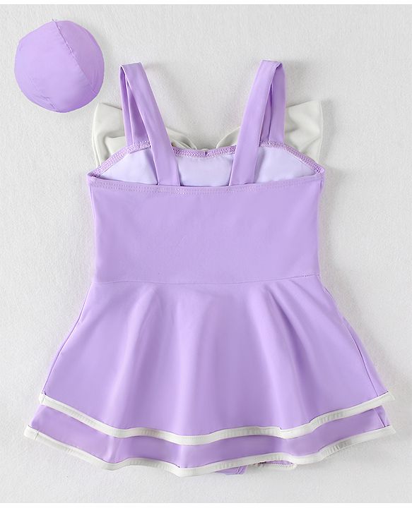 Babyhug Sleeveless Frock Swimsuit With Bow Applique & Cap - Purple