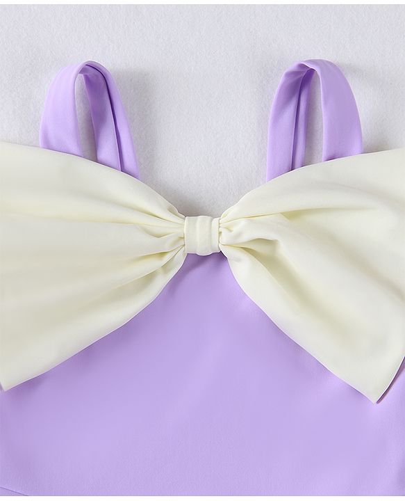 Babyhug Sleeveless Frock Swimsuit With Bow Applique & Cap - Purple