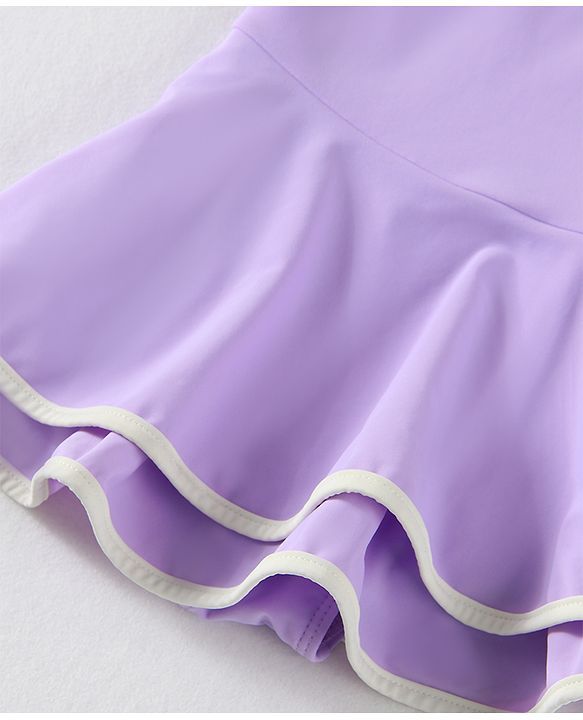 Babyhug Sleeveless Frock Swimsuit With Bow Applique & Cap - Purple