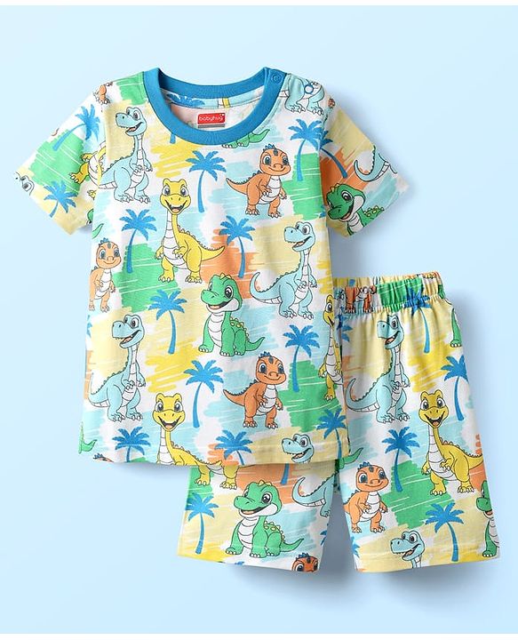 Babyhug Cotton Knit Half Sleeves Co-ords Shorts Night Suit With Animal Print - Multicolor
