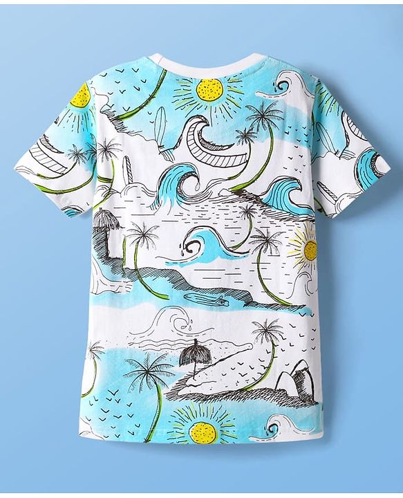 Pine Kids Cotton Knit Half Sleeves T-Shirt with Beach Theme Print - White