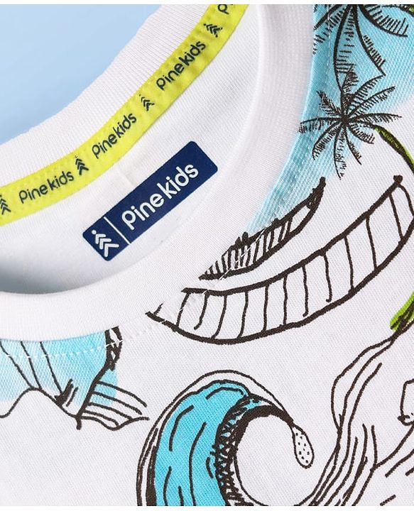 Pine Kids Cotton Knit Half Sleeves T-Shirt with Beach Theme Print - White