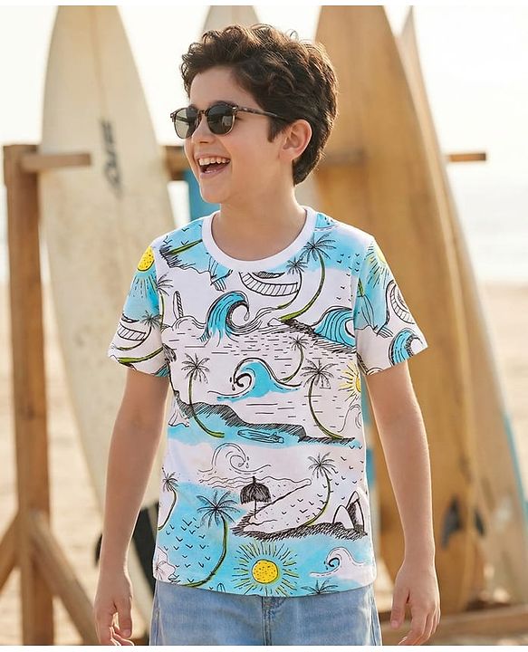 Pine Kids Cotton Knit Half Sleeves T-Shirt with Beach Theme Print - White
