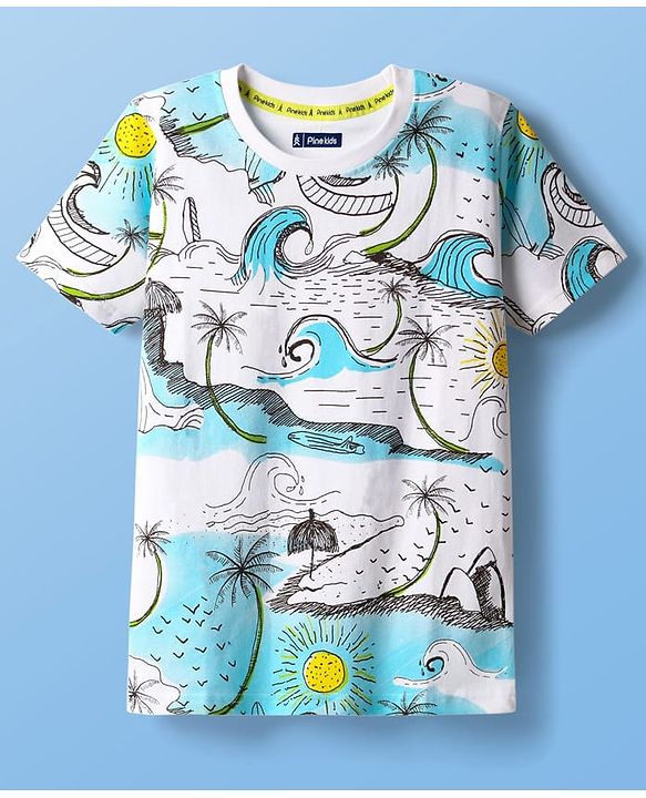 Pine Kids Cotton Knit Half Sleeves T-Shirt with Beach Theme Print - White