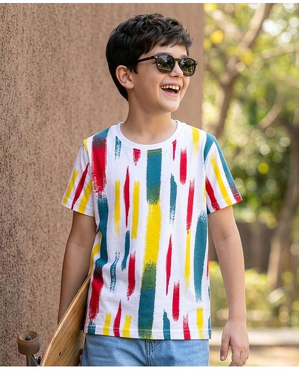 Pine Kids Cotton Knit Half Sleeves Printed T-Shirt - White