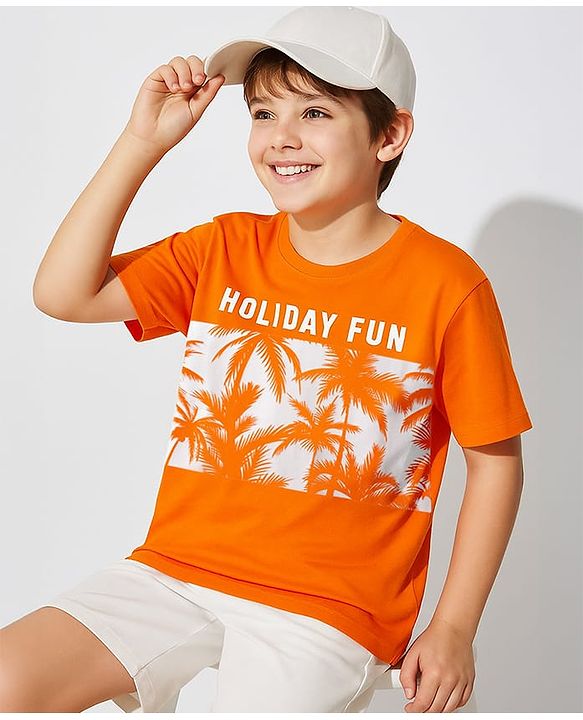 Pine Kids Cotton Knit Half Sleeves T-Shirt with Holiday Print - Orange