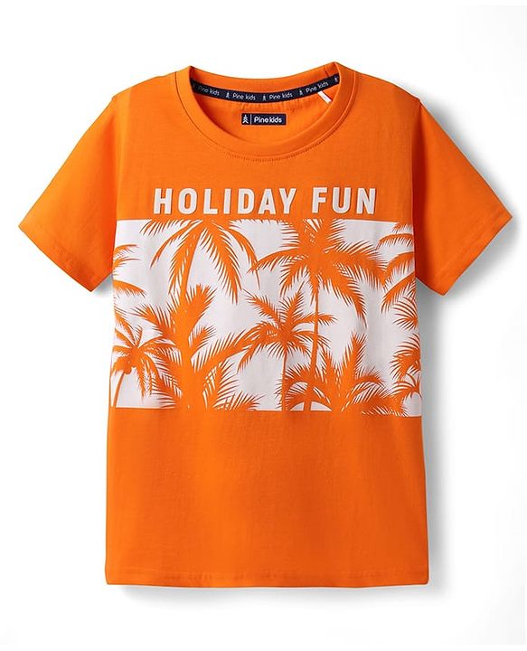 Pine Kids Cotton Knit Half Sleeves T-Shirt with Holiday Print - Orange