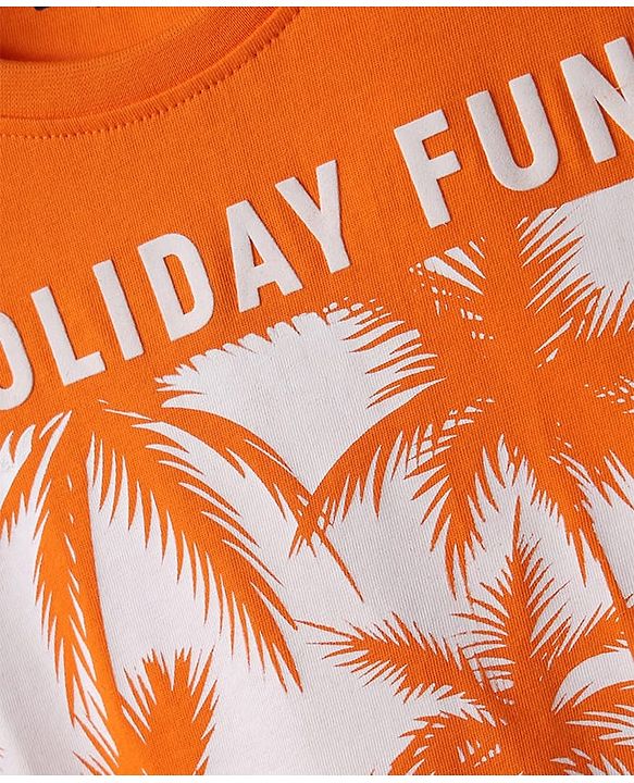 Pine Kids Cotton Knit Half Sleeves T-Shirt with Holiday Print - Orange