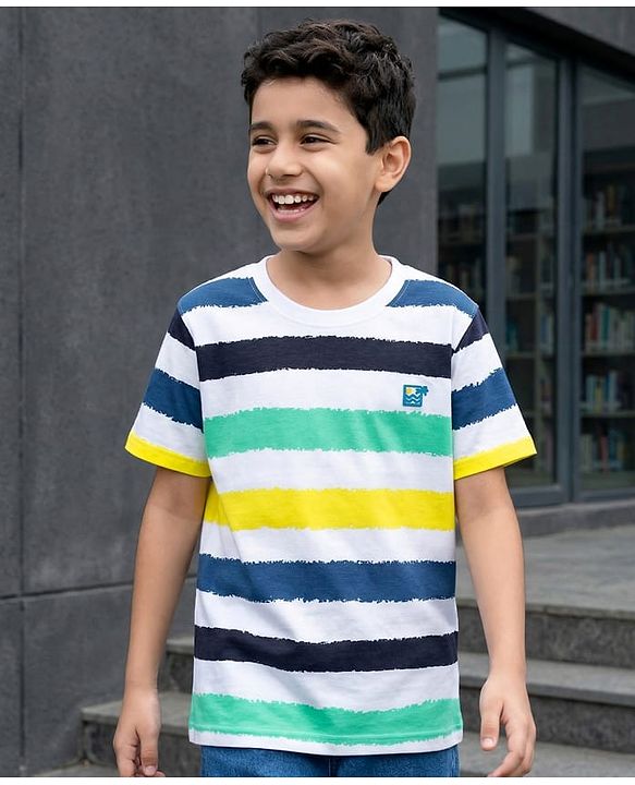 Pine Kids Cotton Knit Half Sleeves T-Shirt with Stripes - White