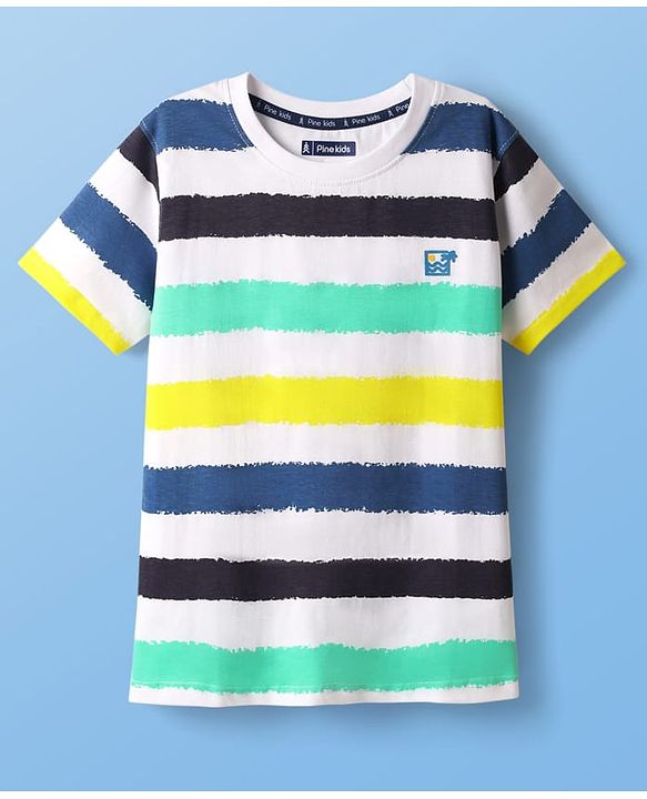 Pine Kids Cotton Knit Half Sleeves T-Shirt with Stripes - White
