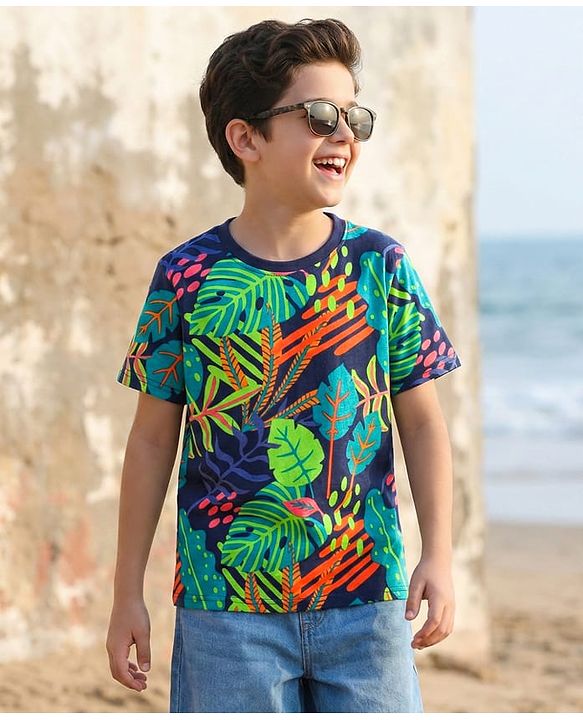 Pine Kids Cotton Knit Half Sleeves T-Shirt with Leaves Print - Navy Blue