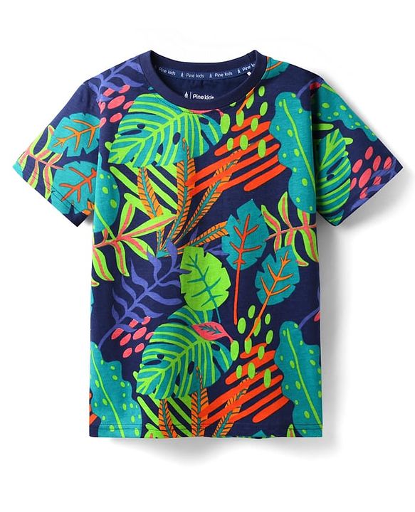 Pine Kids Cotton Knit Half Sleeves T-Shirt with Leaves Print - Navy Blue