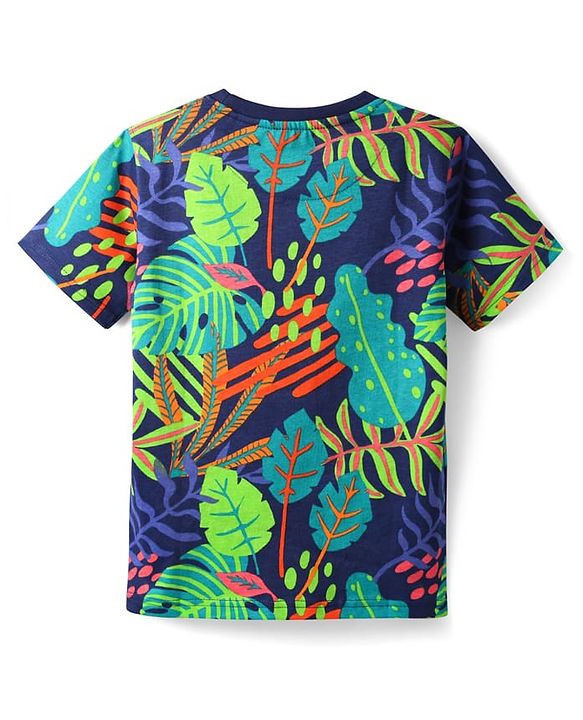 Pine Kids Cotton Knit Half Sleeves T-Shirt with Leaves Print - Navy Blue