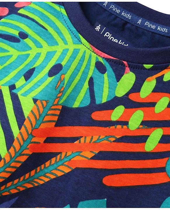 Pine Kids Cotton Knit Half Sleeves T-Shirt with Leaves Print - Navy Blue