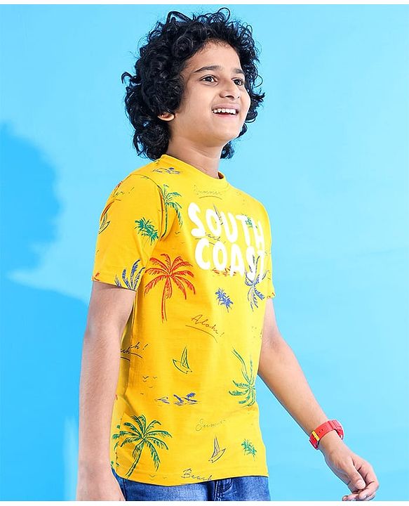 Pine Kids Cotton Knit Half Sleeves T-Shirt with Beach Theme Puff Print - Yellow