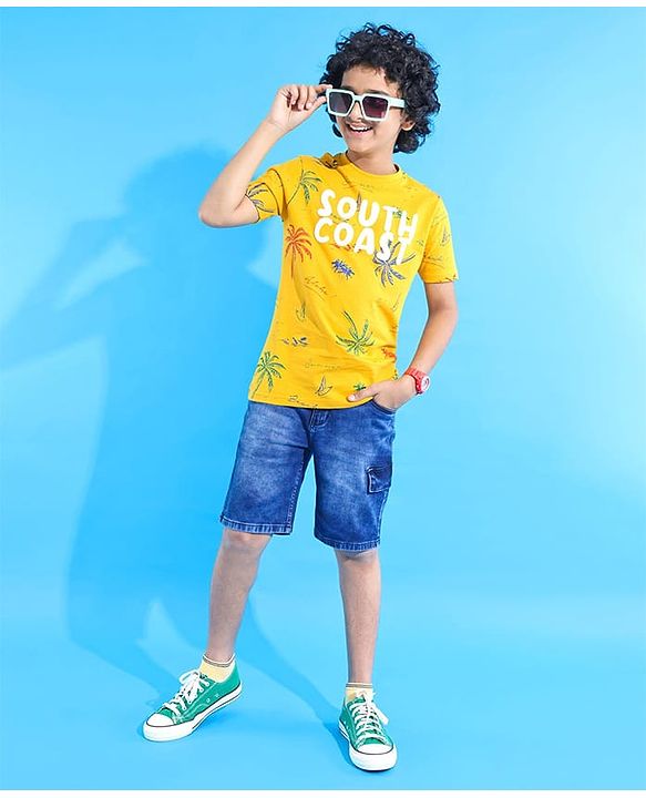 Pine Kids Cotton Knit Half Sleeves T-Shirt with Beach Theme Puff Print - Yellow