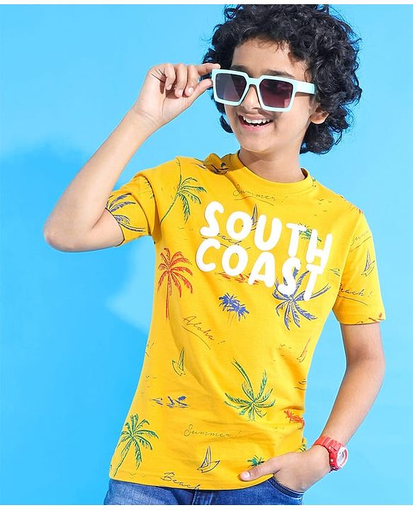 Pine Kids Cotton Knit Half Sleeves T-Shirt with Beach Theme Puff Print - Yellow