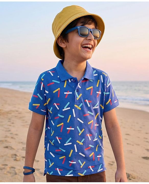 Pine Kids Cotton Knit Half Sleeves Polo T-Shirt with Confetti Print - Blue