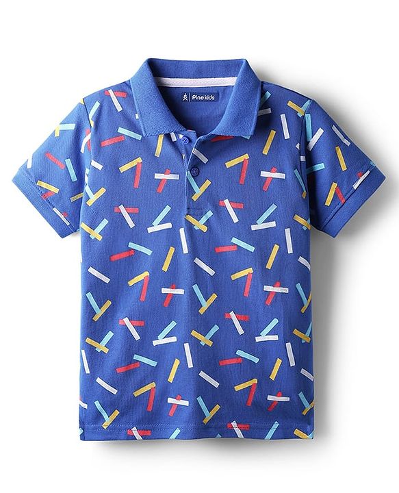 Pine Kids Cotton Knit Half Sleeves Polo T-Shirt with Confetti Print - Blue