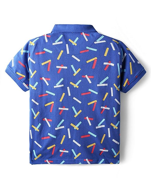 Pine Kids Cotton Knit Half Sleeves Polo T-Shirt with Confetti Print - Blue