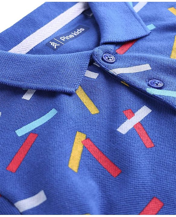 Pine Kids Cotton Knit Half Sleeves Polo T-Shirt with Confetti Print - Blue