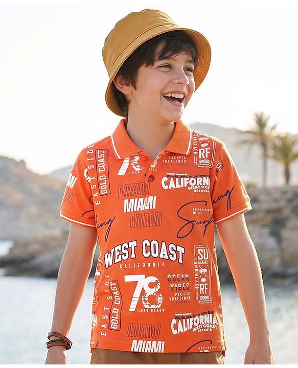 Pine Kids Cotton Knit Half Sleeves Polo T-Shirt with Beach Theme Print - Orange