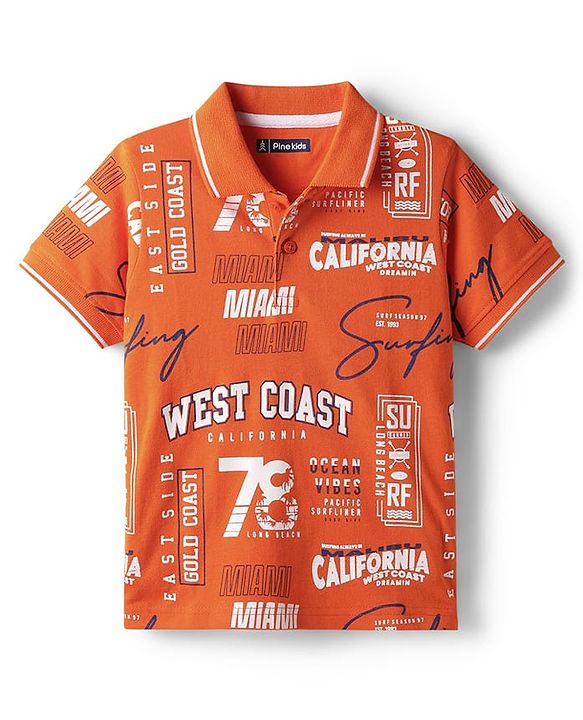 Pine Kids Cotton Knit Half Sleeves Polo T-Shirt with Beach Theme Print - Orange