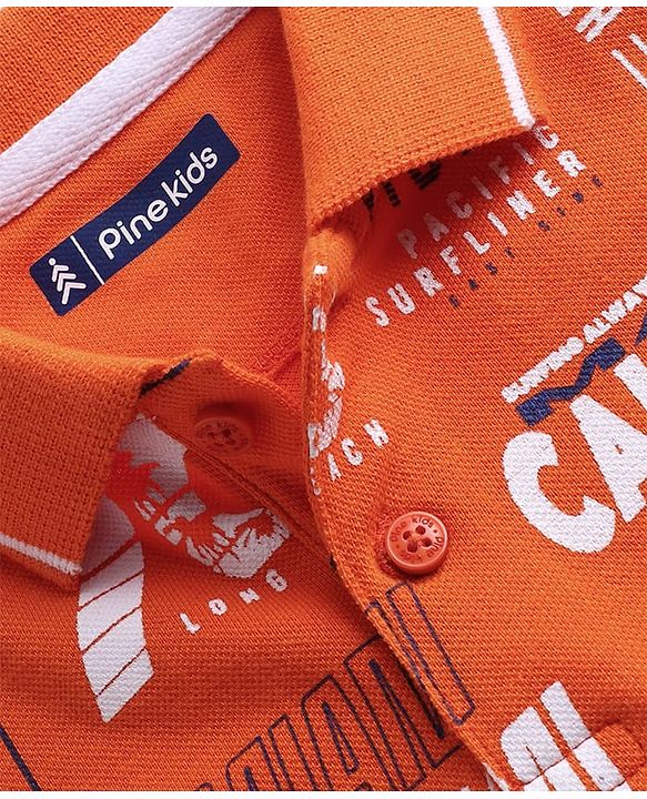 Pine Kids Cotton Knit Half Sleeves Polo T-Shirt with Beach Theme Print - Orange