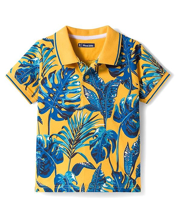 Pine Kids Cotton Knit Half Sleeves Polo T-Shirt with Beach Theme Print - Blue