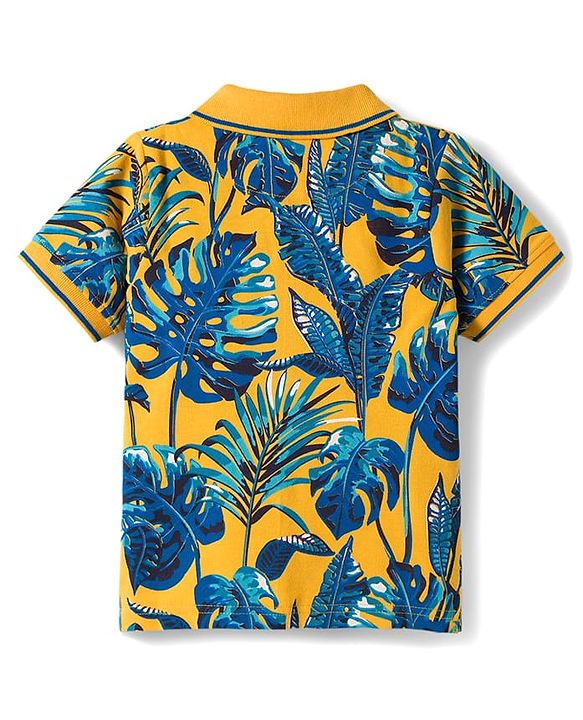 Pine Kids Cotton Knit Half Sleeves Polo T-Shirt with Beach Theme Print - Blue