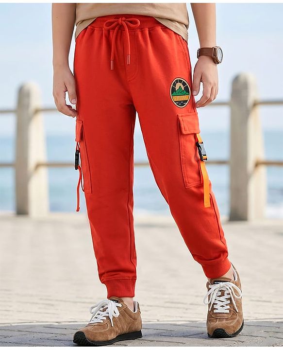 Pine Kids Knit Full Length Lounge Pant With Explore Print & Cargo Pockets - Red