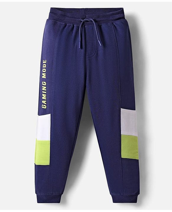 Pine Kids Cotton Knit Full Length Cut & Sew Text Printed Lounge Pant - Navy Blue