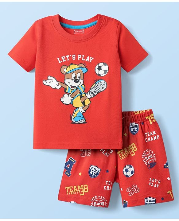 Babyhug Cotton Knit Half Sleeves Shorts Night Suit With Football & Cartoon Print - Red