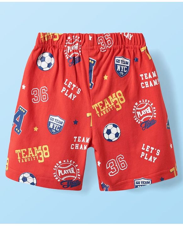 Babyhug Cotton Knit Half Sleeves Shorts Night Suit With Football & Cartoon Print - Red