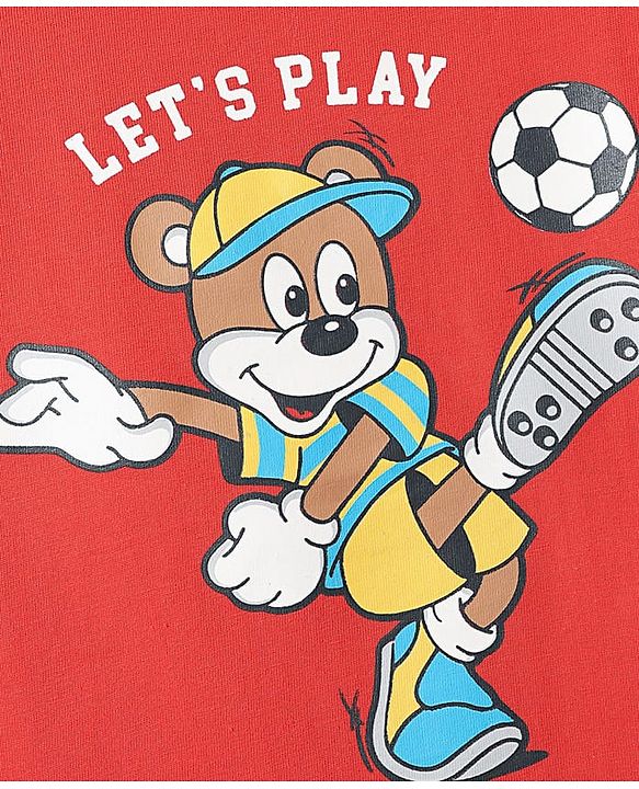 Babyhug Cotton Knit Half Sleeves Shorts Night Suit With Football & Cartoon Print - Red