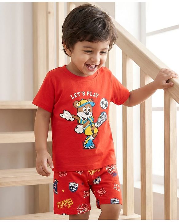 Babyhug Cotton Knit Half Sleeves Shorts Night Suit With Football & Cartoon Print - Red