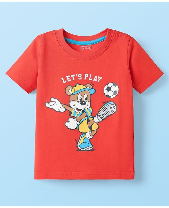 Babyhug Cotton Knit Half Sleeves Shorts Night Suit With Football & Cartoon Print - Red