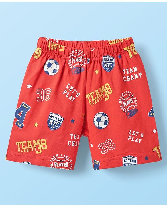 Babyhug Cotton Knit Half Sleeves Shorts Night Suit With Football & Cartoon Print - Red