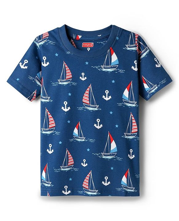 Babyhug Cotton Knit Half Sleeves Co-ords Shorts Night Suit with Nautical Theme Print - Navy Blue