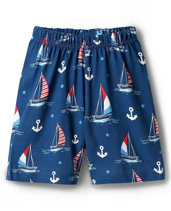 Babyhug Cotton Knit Half Sleeves Co-ords Shorts Night Suit with Nautical Theme Print - Navy Blue