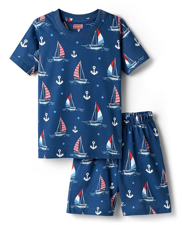Babyhug Cotton Knit Half Sleeves Co-ords Shorts Night Suit with Nautical Theme Print - Navy Blue