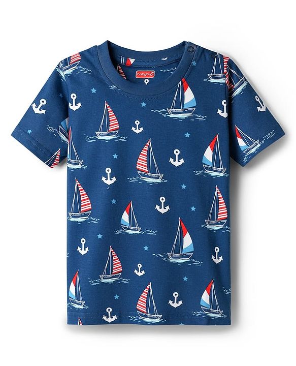 Babyhug Cotton Knit Half Sleeves Co-ords Shorts Night Suit with Nautical Theme Print - Navy Blue