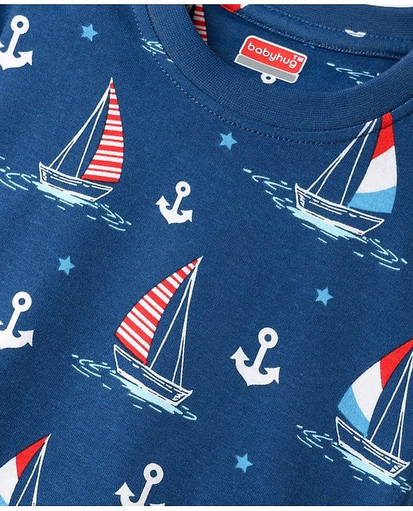 Babyhug Cotton Knit Half Sleeves Co-ords Shorts Night Suit with Nautical Theme Print - Navy Blue