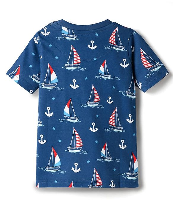 Babyhug Cotton Knit Half Sleeves Co-ords Shorts Night Suit with Nautical Theme Print - Navy Blue